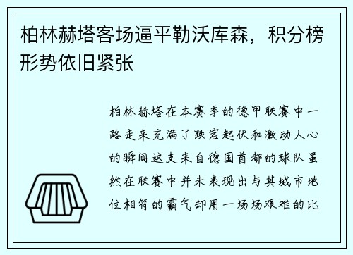 柏林赫塔客场逼平勒沃库森，积分榜形势依旧紧张